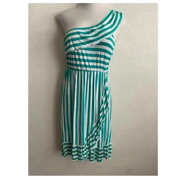 🆕Egs Jade & White Stripe Asymmetric Tulip-
Hem Midi Dress L🆕 - Picture 4 of 9